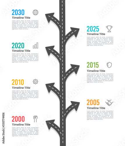 Vertical timeline infographic roadway with the arrow pointed to milestones each year.