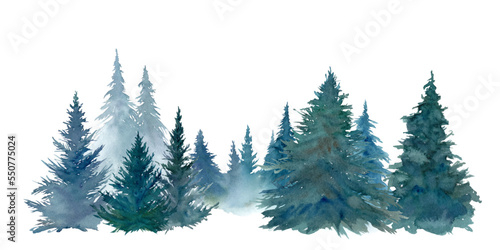 針葉樹林の水彩イラスト。森林の風景。（ベクター。レイアウト変更可能）