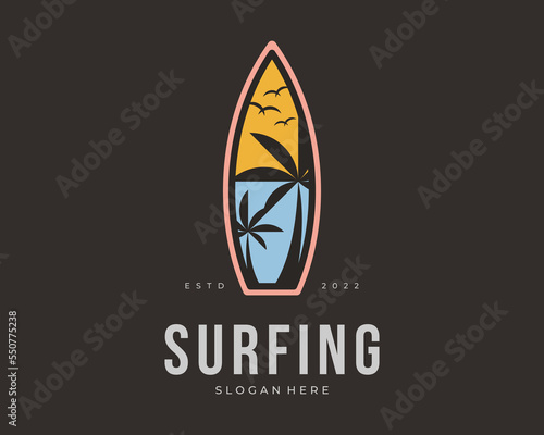 Surfboard Surfing Surf Beach Sea Wave Sport Holiday Palm Sunset Scenic Retro Vector Logo Design