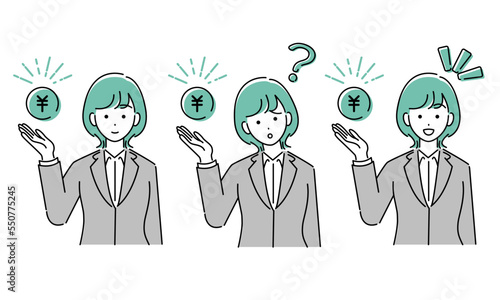 お金のアイコンを手に添える三種類のビジネスパーソンのイラスト素材
