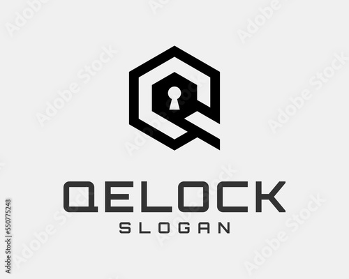Letter Q Monogram Hexagon Geometric Keyhole Lock Padlock Safety Protection Secure Vector Logo Design © sore.studios