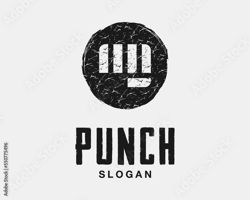 Punch Fight Power Hand Fist Knockout Arm Strike Hit Grunge Textured Rough Rustic Vector Logo Design
