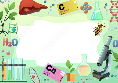 Biology objects with space for text. Image of science subjects. Study of living cells of plants, animals and humans. Isolated on white background. Vector