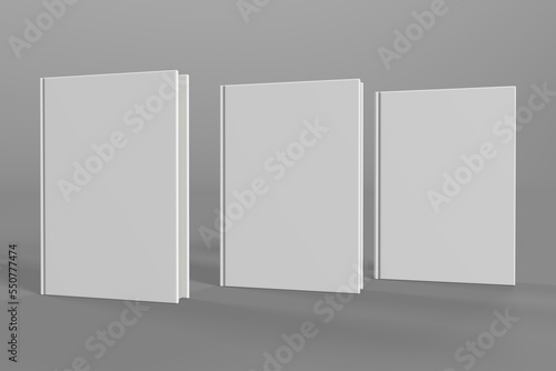 Realistic 3d book mockup illustration with 3 hard covers. Book mockup standing on isolated gray background with shadow. 3 hardcover books.