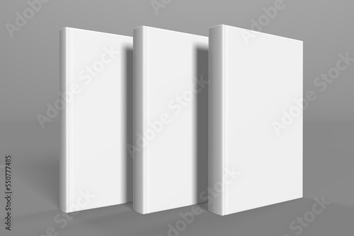 Realistic 3d book mockup illustration with 3 hard covers. Book mockup standing on isolated gray background with shadow. 3 hardcover books.