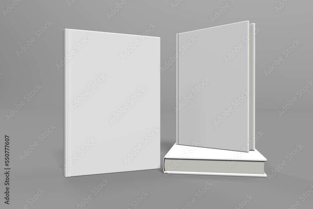 Realistic 3d book mockup illustration with 3 hard covers. Book mockup standing on isolated gray background with shadow. 3 hardcover books. Realistic 3d book mockup illustration with 3 hard covers. Book mockup standing on isolated gray background with shadow. 3 hardcover books.