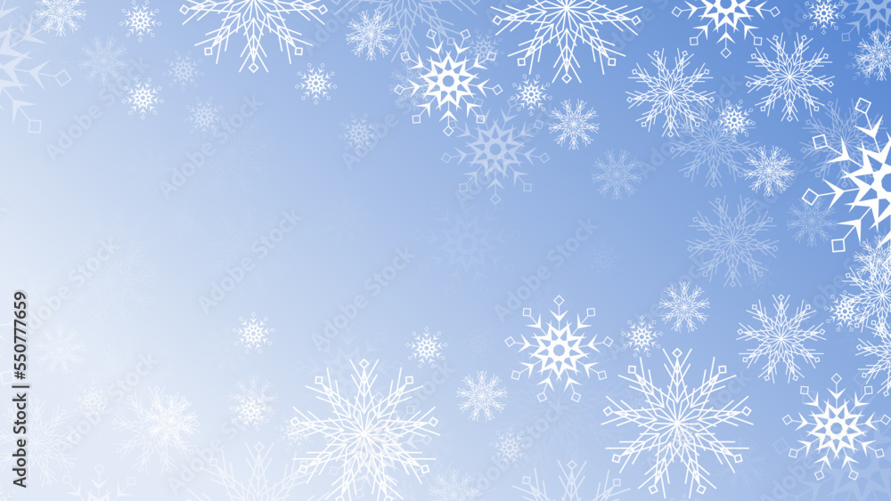 Beautiful blue christmas background with snowflake and copy space. Merry Christmas and Happy New Year 2023 greeting card. Horizontal new year banner, header, poster, card, website. Vector illustration