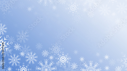 Beautiful blue christmas background with snowflake and copy space. Merry Christmas and Happy New Year 2023 greeting card. Horizontal new year banner, header, poster, card, website. Vector illustration