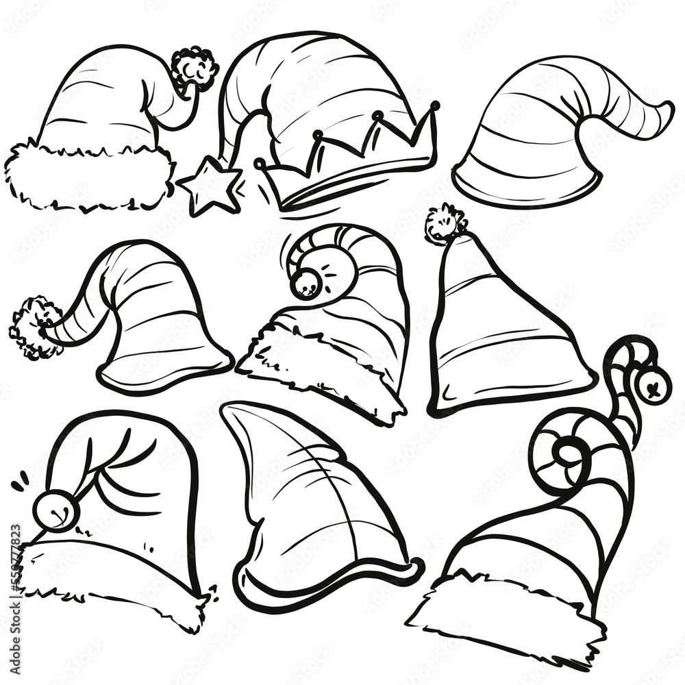 hand drawn illustration of a pencil Santa hat. Black and white hand drawn illustration of a pencil Santa hat. Black and white