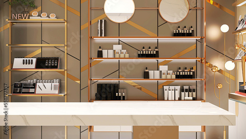 Empty white marble counter in elegant and luxury interior design of beauty cosmetic shop with gold steel shelf and personal, skin and hair care product and decorative glass backdrop partition