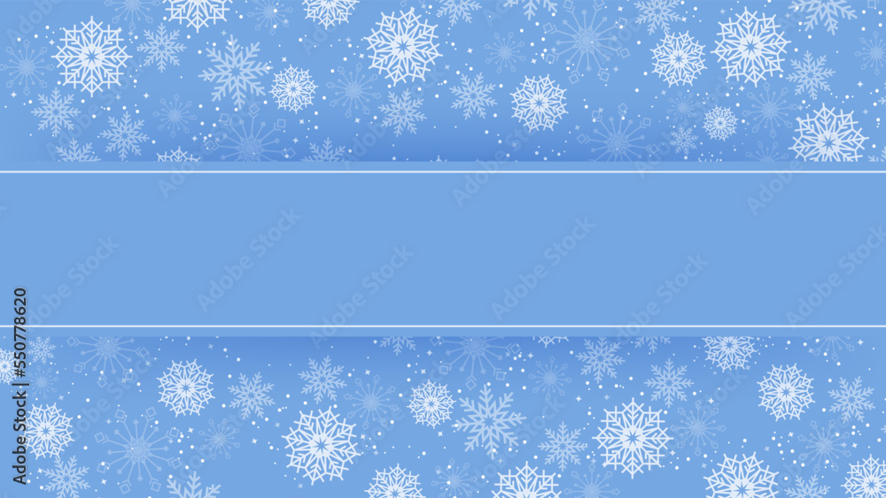 Blue snowflake border with Christmas design for greeting card. Vector illustration, merry xmas snow flake header or banner, wallpaper or backdrop decoration. New year 2023