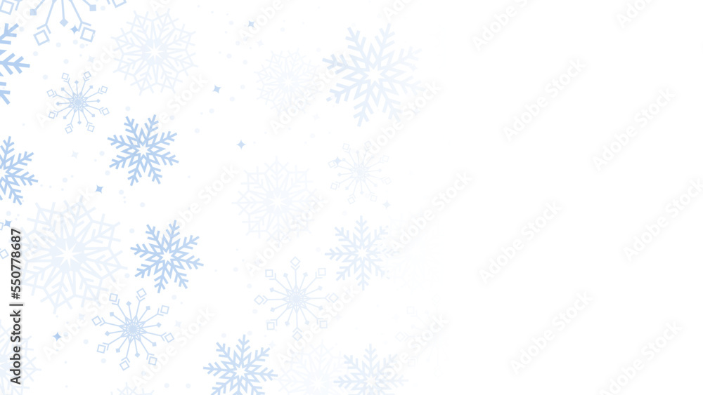 Blue snowflake border with Christmas design for greeting card. Vector illustration, merry xmas snow flake header or banner, wallpaper or backdrop decoration. New year 2023