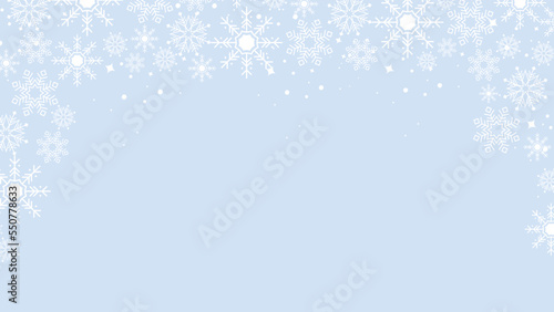 Blue snowflake border with Christmas design for greeting card. Vector illustration, merry xmas snow flake header or banner, wallpaper or backdrop decoration. New year 2023 © TitikBak