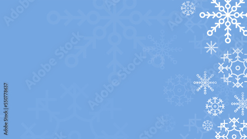 Blue snowflake border with Christmas design for greeting card. Vector illustration, merry xmas snow flake header or banner, wallpaper or backdrop decoration. New year 2023