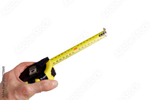 Measuring tool in hand on a white background is needed for construction