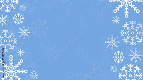 Blue snowflake border with Christmas design for greeting card. Vector illustration, merry xmas snow flake header or banner, wallpaper or backdrop decoration. New year 2023