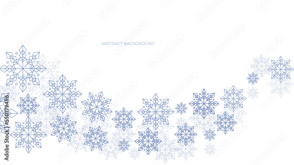 Christmas background with snowflakes of different shapes, sizes and transparency. Gradient from blue to white. Christmas with snowflake snow winter decoration. Christmas background with snow