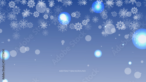 Christmas background with snowflakes of different shapes  sizes and transparency. Gradient from blue to white. Christmas with snowflake snow winter decoration. Christmas background with snow