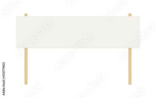 Picket banner frame. Blank demonstration banner mock up. Empty protest placard with wooden poles. Realistic politic strike board mockup. Vector illustration isolated on white background.