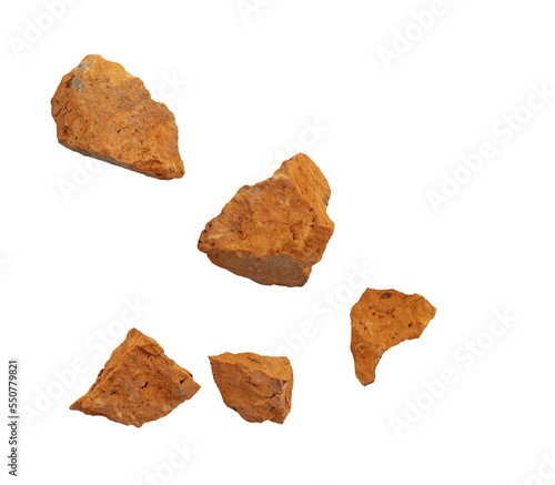 Falling flying pieces of broken red brick isolated on transparent, PNG.