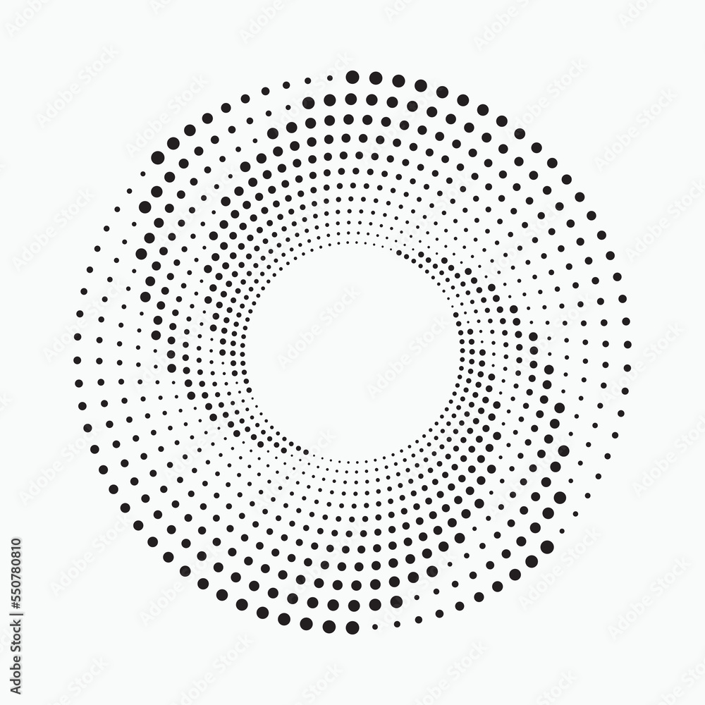 Circle halftone spiral backdrop. Dotted abstract concentric circle. spiral, swirl, twirl element. Circular and radial dots helix. Design element for multipurpose use.	