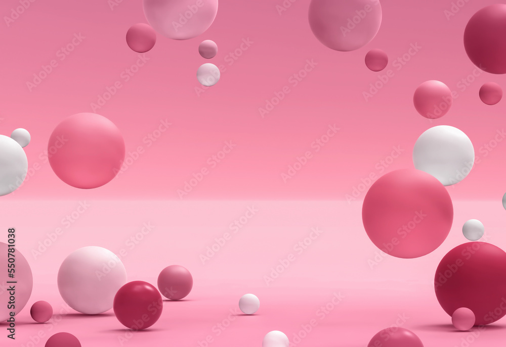 3d rendering of different spheres. Abstract minimalistic backdrop for cosmetics and beauty products presentation. Flying particles. Futuristic background. Design for poster, banner with space for text