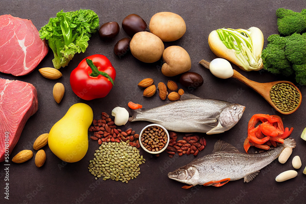 Healthy food for balanced diet background. Overhead view of a large group of healthy food Healthy food for balanced diet background. Overhead view of a large group of healthy food