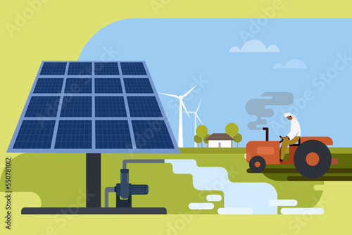 Illustration of farmers using Solar water pump to irrigate the agricultural field. Concept for sustainable farming