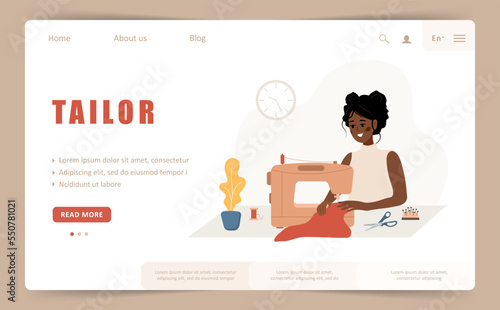 Tailor landing page or web banner template. African woman seamstress at sewing machine sews clothes. Fashion designer or dressmaker. Vector illustration in flat cartoon style.
