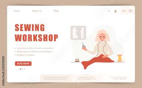Sewing workshop landing page or web banner template. Elderly woman seamstress with scissors cuts red fabric. Fashion designer or tailor. Vector illustration in flat cartoon style.