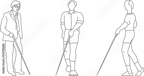 Vector sketch of people with disabilities side and top view with white background