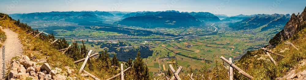 High resolution stitched panorama with the famous Rhine valley, Fruemsen, Sennwald, Saint Gallen, Appenzell, Switzerland