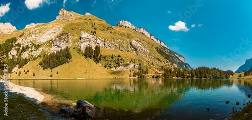 High resolution stitched panorama with reflections at the famous Seealpsee lake  Appenzell  Alpstein  Switzerland