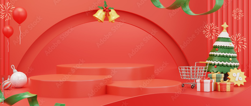 3d red podium display background.  shopping cart, gift boxes, Christmas Decoration, 3d rendering