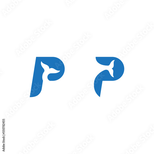 Vector illustration of letter P and whale for icons, symbols and logos. logo initials letter P