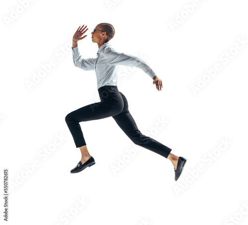 Young businesswoman running mid air on a transparent background