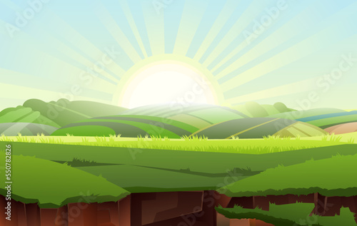 Break into abyss. Rural gardens hills. Sun dawn rays. Crack in ground. Soil burst into grass meadow. Cartoon style illustration. Vector.
