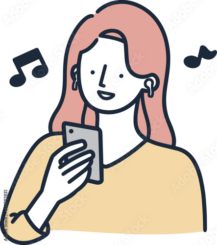 音楽を聴く女性　配信　シンプルイラスト