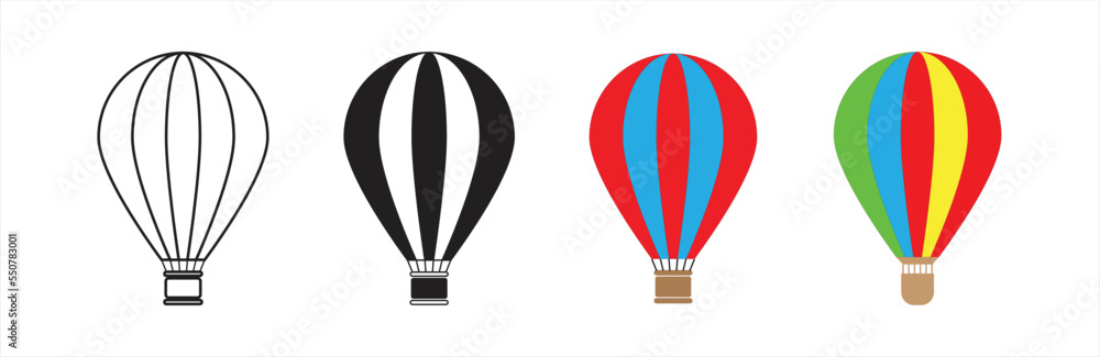 Fototapeta premium Hot air balloon icon. Hot air balloon collection. Hot air balloon in flat style. Simple hot air balloon. Vintage sky transport, air journey flying aerostat vector symbols set. Vector illustration.