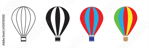 Hot air balloon icon. Hot air balloon collection. Hot air balloon in flat style. Simple hot air balloon. Vintage sky transport, air journey flying aerostat vector symbols set. Vector illustration.