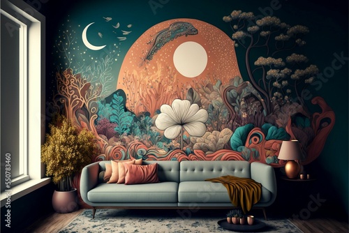 Studio shot of a cozy couch in front of an artsy wallpaper