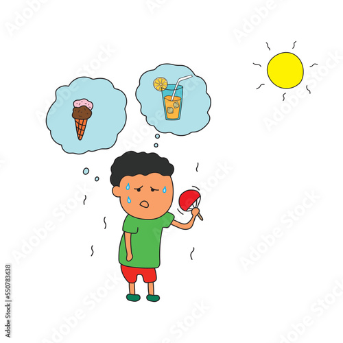 Vector illustration of kid in hot summer weather wanting ice cream and fresh juice
