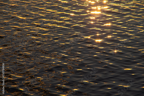 反射する眩しい太陽光に煌めくさざ波の水面。