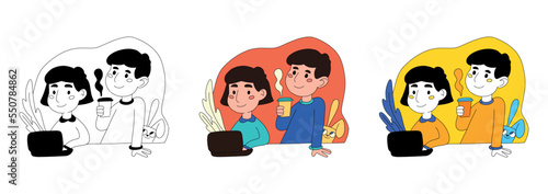 Office working. The boy is drinking coffee, the girl is working on a laptop. Job and rest concept. Vector illustration in flat style of the people in the circle on a white background