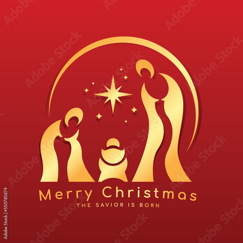 Merry Christmas, the savior is born - abstract gold mary and joseph in a manger with baby Jesus sign in circle line and star on red background vector design