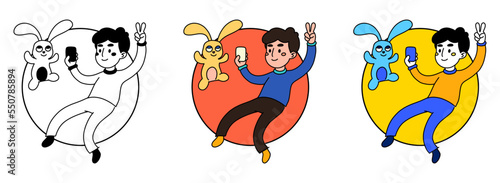 Man takes a selfie on the mobile phone. New photo, post, social network, camera, photography. Snapshot concept. Vector illustration in flat style of the people in the circle on a white background