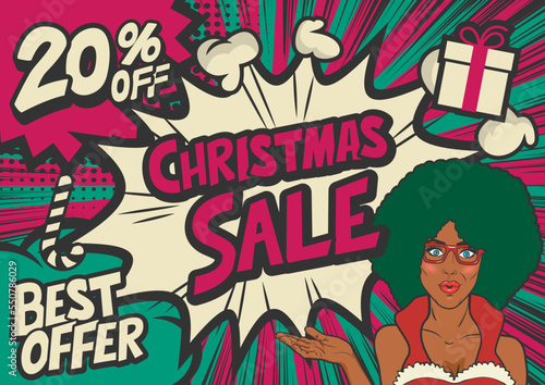 20%off Winter sale typography pop art background, an explosion in comic book style. Sexy woman in glasses with a Santa clause costume. 