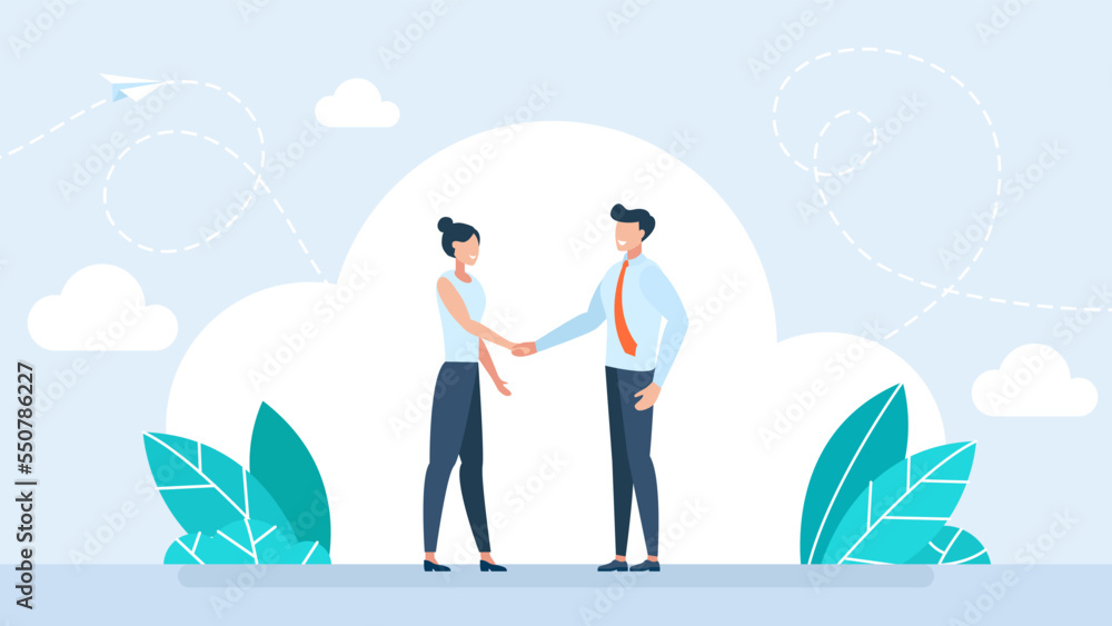 Handshake of business partners. Handshake man and woman. Meet business partners. Business people. Hand shaking meeting agreement. Symbol of a successful deal, or transaction. Flat vector illustration Handshake of business partners. Handshake man and woman. Meet business partners. Business people. Hand shaking meeting agreement. Symbol of a successful deal, or transaction. Flat vector illustration