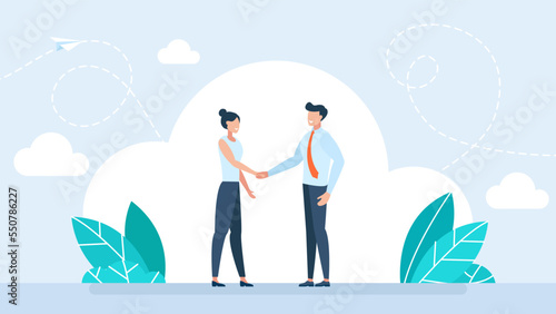 Handshake of business partners. Handshake man and woman. Meet business partners. Business people. Hand shaking meeting agreement.  Symbol of a successful deal, or transaction. Flat vector illustration