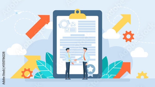 Partnership Concept. Handshake of two businessmen. Business people shaking hands over contract reaching an agreement. Successful partners standing and closing deal. Handshake. Flat vector illustration